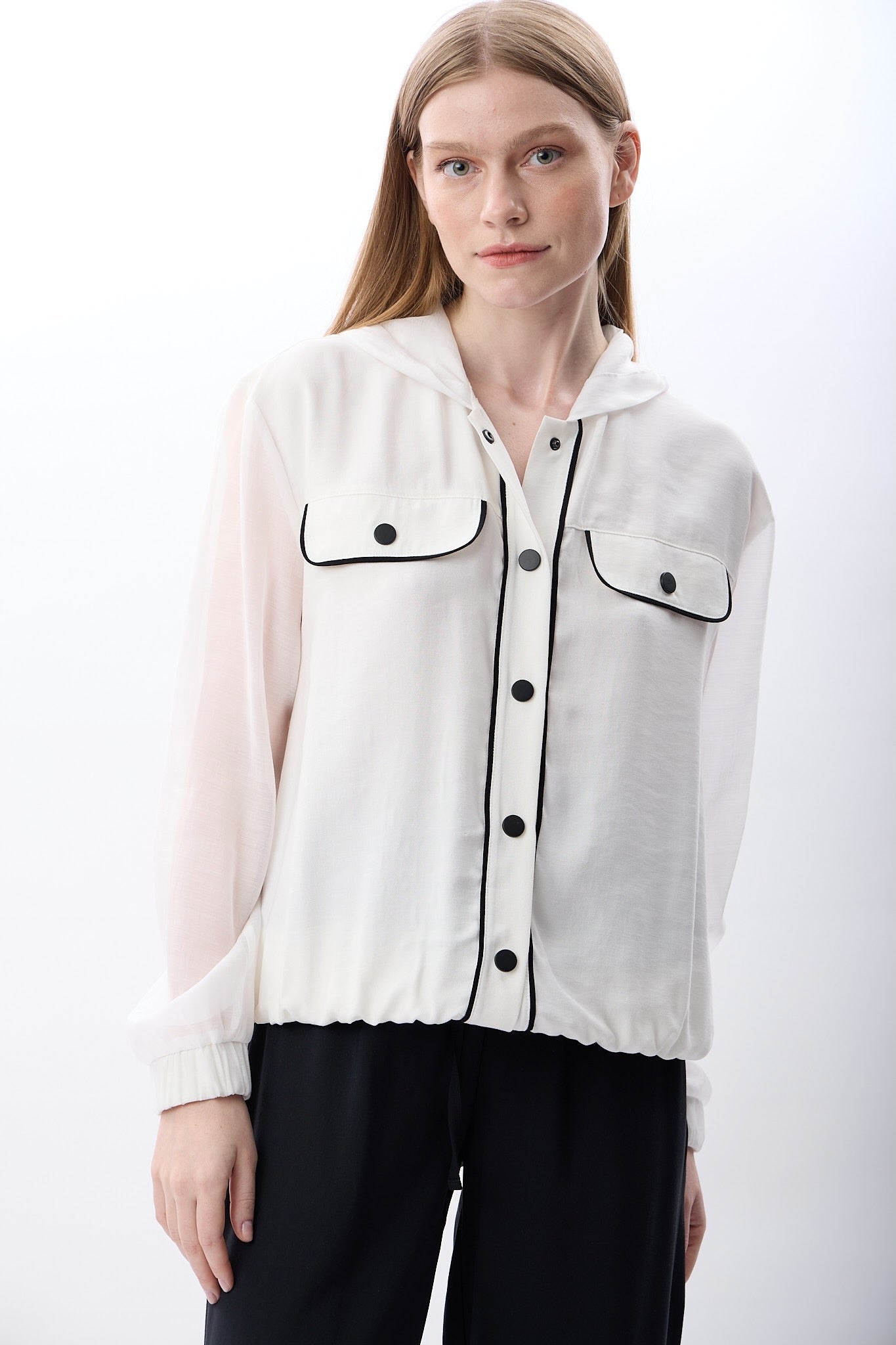 Diagonal-Kapüşonlu İnce Sweatshirt Gömlek (Beyaz)-GÖMLEK-1-Milagron.com