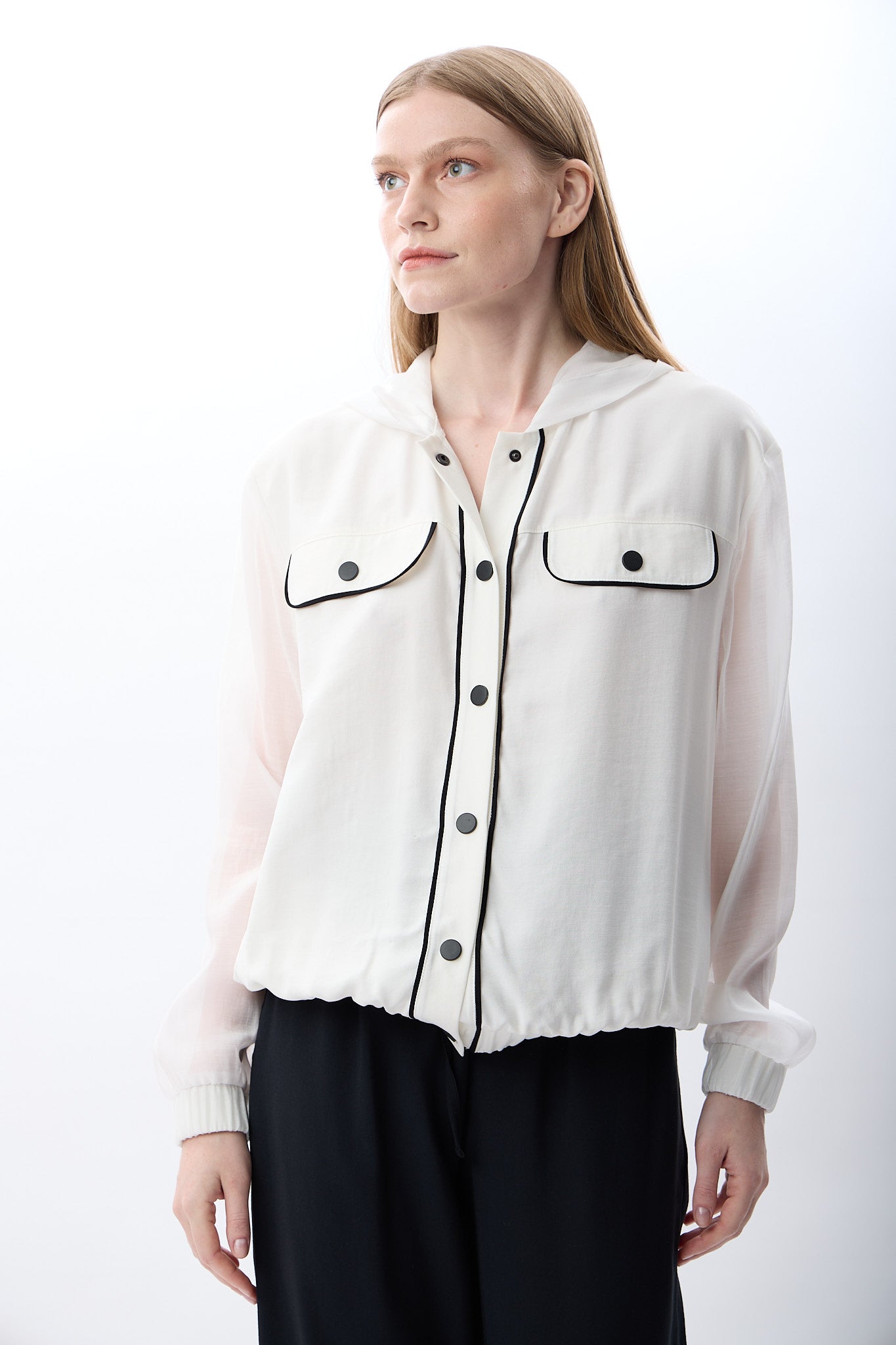 Diagonal-Kapüşonlu İnce Sweatshirt Gömlek (Beyaz)-GÖMLEK-4-Milagron.com