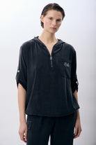 Diagonal-Kapüşonlu Ve Yarım Fermuarlı Bluz (Siyah)-BLUZ-10-Milagron.com