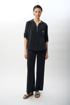 Diagonal-Kapüşonlu Ve Yarım Fermuarlı Bluz (Siyah)-BLUZ-6-Milagron.com