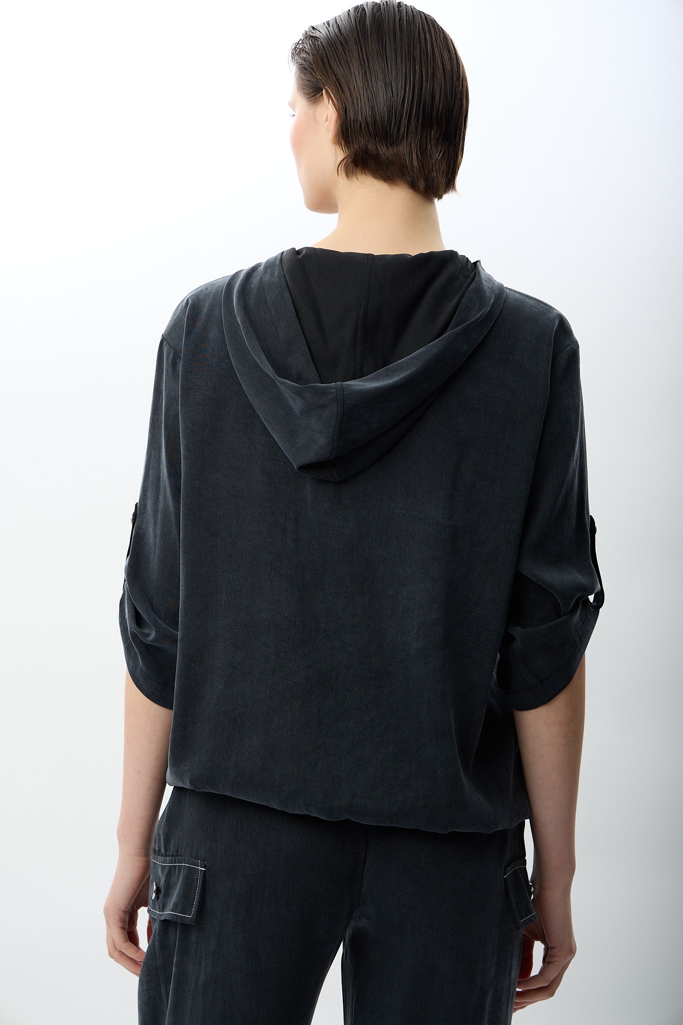 Diagonal-Kapüşonlu Ve Yarım Fermuarlı Bluz (Siyah)-BLUZ-7-Milagron.com