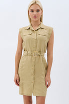 Diagonal-Kemerli Keten Elbise (Bej)-ELBİSE-1-Milagron.com