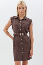 Diagonal-Kemerli Keten Elbise (Kahverengi)-ELBİSE-1-Milagron.com