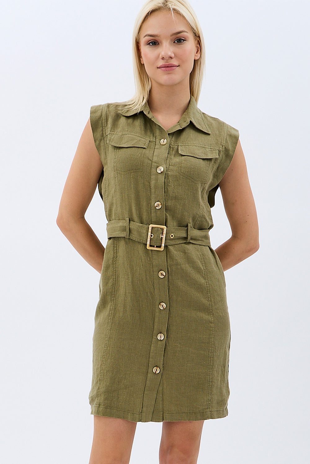 Diagonal-Kemerli Keten Elbise (Haki)-ELBİSE-1-Milagron.com