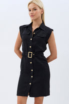 Diagonal-Kemerli Keten Elbise (Siyah)-ELBİSE-1-Milagron.com