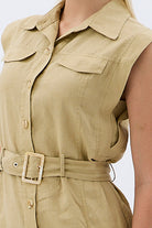 Diagonal-Kemerli Keten Elbise (Bej)-ELBİSE-2-Milagron.com