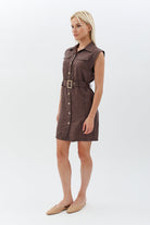 Diagonal-Kemerli Keten Elbise (Kahverengi)-ELBİSE-2-Milagron.com