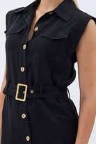 Diagonal-Kemerli Keten Elbise (Siyah)-ELBİSE-3-Milagron.com