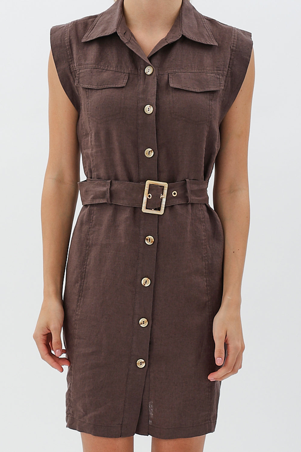 Diagonal-Kemerli Keten Elbise (Kahverengi)-ELBİSE-3-Milagron.com