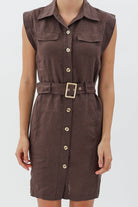 Diagonal-Kemerli Keten Elbise (Kahverengi)-ELBİSE-3-Milagron.com