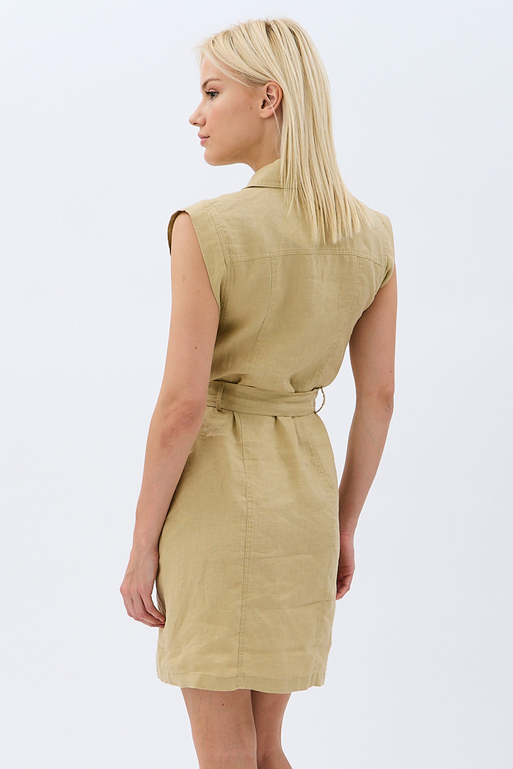 Diagonal-Kemerli Keten Elbise (Bej)-ELBİSE-4-Milagron.com