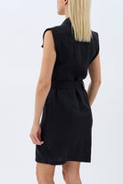 Diagonal-Kemerli Keten Elbise (Siyah)-ELBİSE-4-Milagron.com