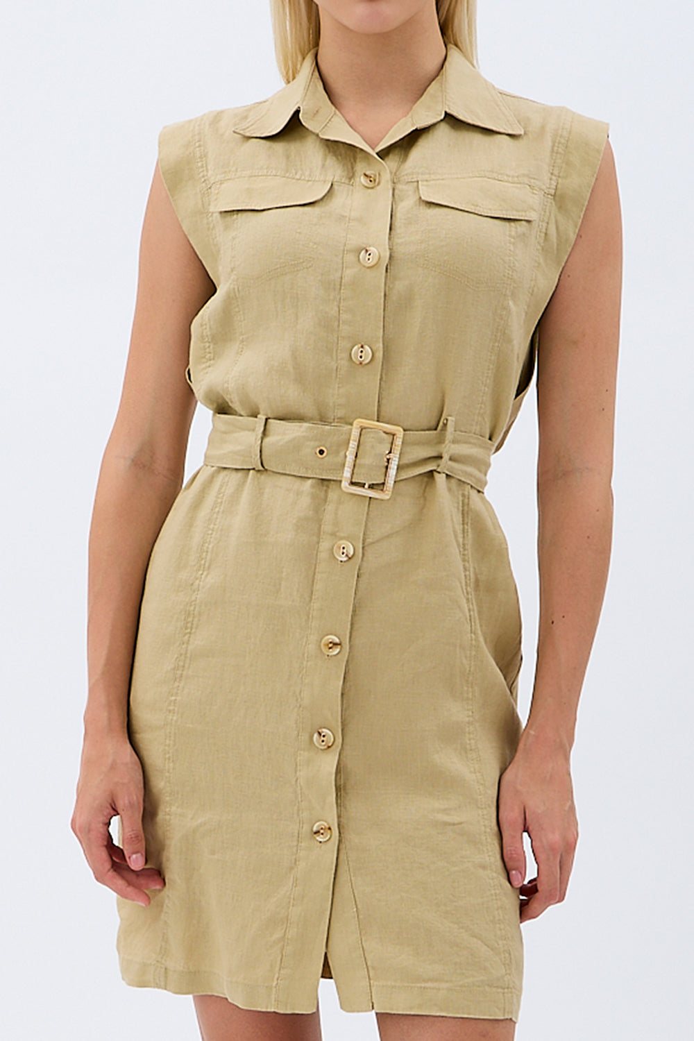 Diagonal-Kemerli Keten Elbise (Bej)-ELBİSE-5-Milagron.com