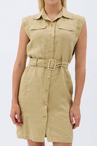 Diagonal-Kemerli Keten Elbise (Bej)-ELBİSE-5-Milagron.com