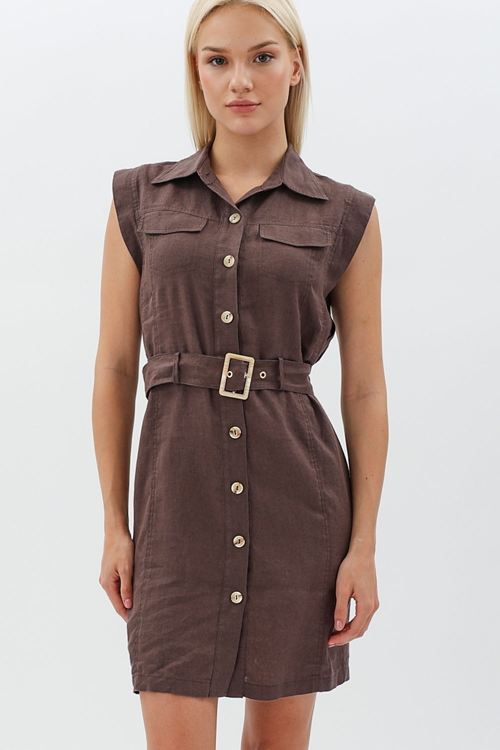 Diagonal-Kemerli Keten Elbise (Kahverengi)-ELBİSE-5-Milagron.com