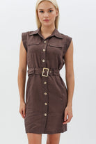 Diagonal-Kemerli Keten Elbise (Kahverengi)-ELBİSE-5-Milagron.com