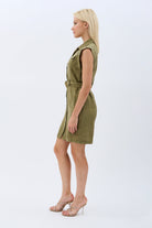 Diagonal-Kemerli Keten Elbise (Haki)-ELBİSE-5-Milagron.com