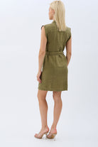 Diagonal-Kemerli Keten Elbise (Haki)-ELBİSE-6-Milagron.com