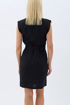 Diagonal-Kemerli Keten Elbise (Siyah)-ELBİSE-6-Milagron.com