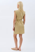 Diagonal-Kemerli Keten Elbise (Bej)-ELBİSE-7-Milagron.com