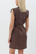 Diagonal-Kemerli Keten Elbise (Kahverengi)-ELBİSE-7-Milagron.com