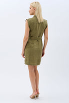 Diagonal-Kemerli Keten Elbise (Haki)-ELBİSE-7-Milagron.com