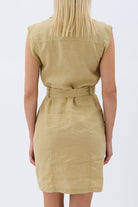 Diagonal-Kemerli Keten Elbise (Bej)-ELBİSE-8-Milagron.com