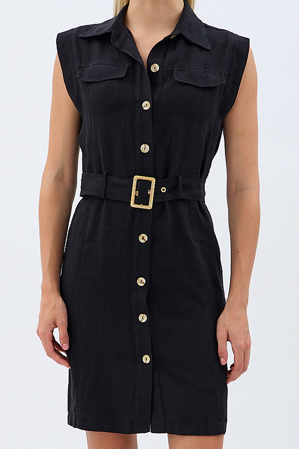 Diagonal-Kemerli Keten Elbise (Siyah)-ELBİSE-8-Milagron.com