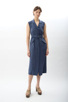 Diagonal-Kemerli Kolsuz Elbise (Mavi)-ELBİSE-1-Milagron.com