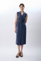 Diagonal-Kemerli Kolsuz Elbise (Mavi)-ELBİSE-2-Milagron.com