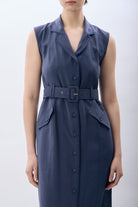 Diagonal-Kemerli Kolsuz Elbise (Mavi)-ELBİSE-3-Milagron.com