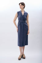 Diagonal-Kemerli Kolsuz Elbise (Mavi)-ELBİSE-4-Milagron.com