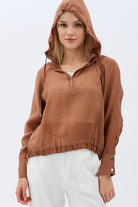 Diagonal-Keten Kapüşonlu Bluz (Kahverengi)-BLUZ-1-Milagron.com