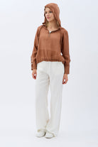 Diagonal-Keten Kapüşonlu Bluz (Kahverengi)-BLUZ-10-Milagron.com