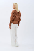 Diagonal-Keten Kapüşonlu Bluz (Kahverengi)-BLUZ-5-Milagron.com