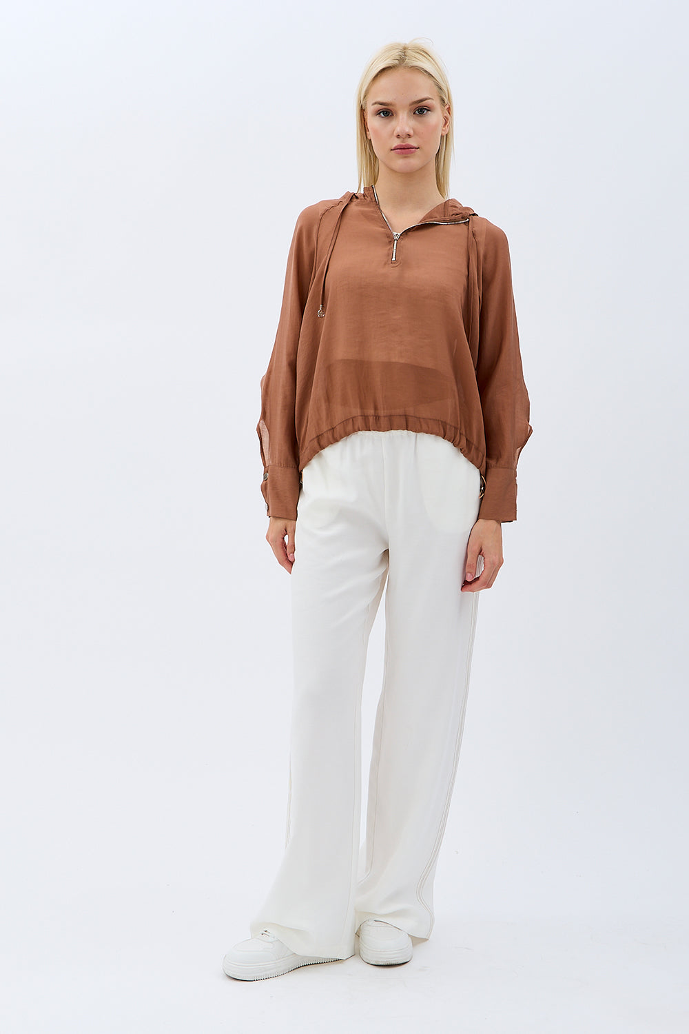 Diagonal-Keten Kapüşonlu Bluz (Kahverengi)-BLUZ-6-Milagron.com