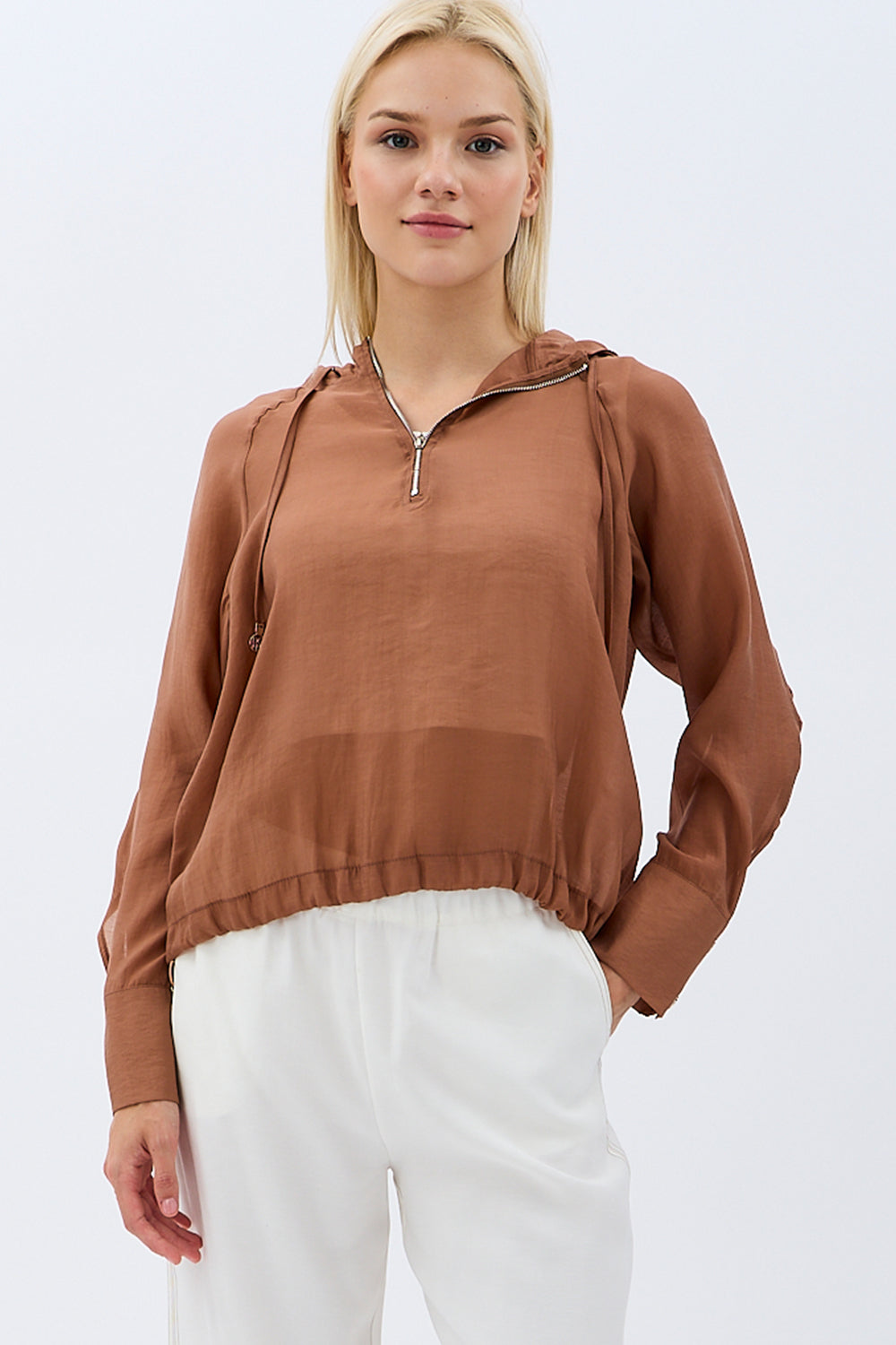 Diagonal-Keten Kapüşonlu Bluz (Kahverengi)-BLUZ-7-Milagron.com