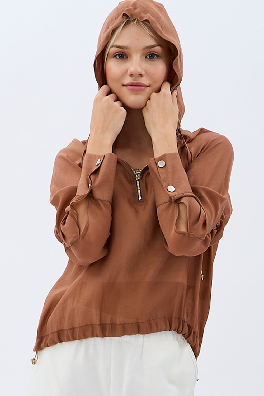 Diagonal-Keten Kapüşonlu Bluz (Kahverengi)-BLUZ-8-Milagron.com