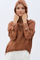 Diagonal-Keten Kapüşonlu Bluz (Kahverengi)-BLUZ-8-Milagron.com