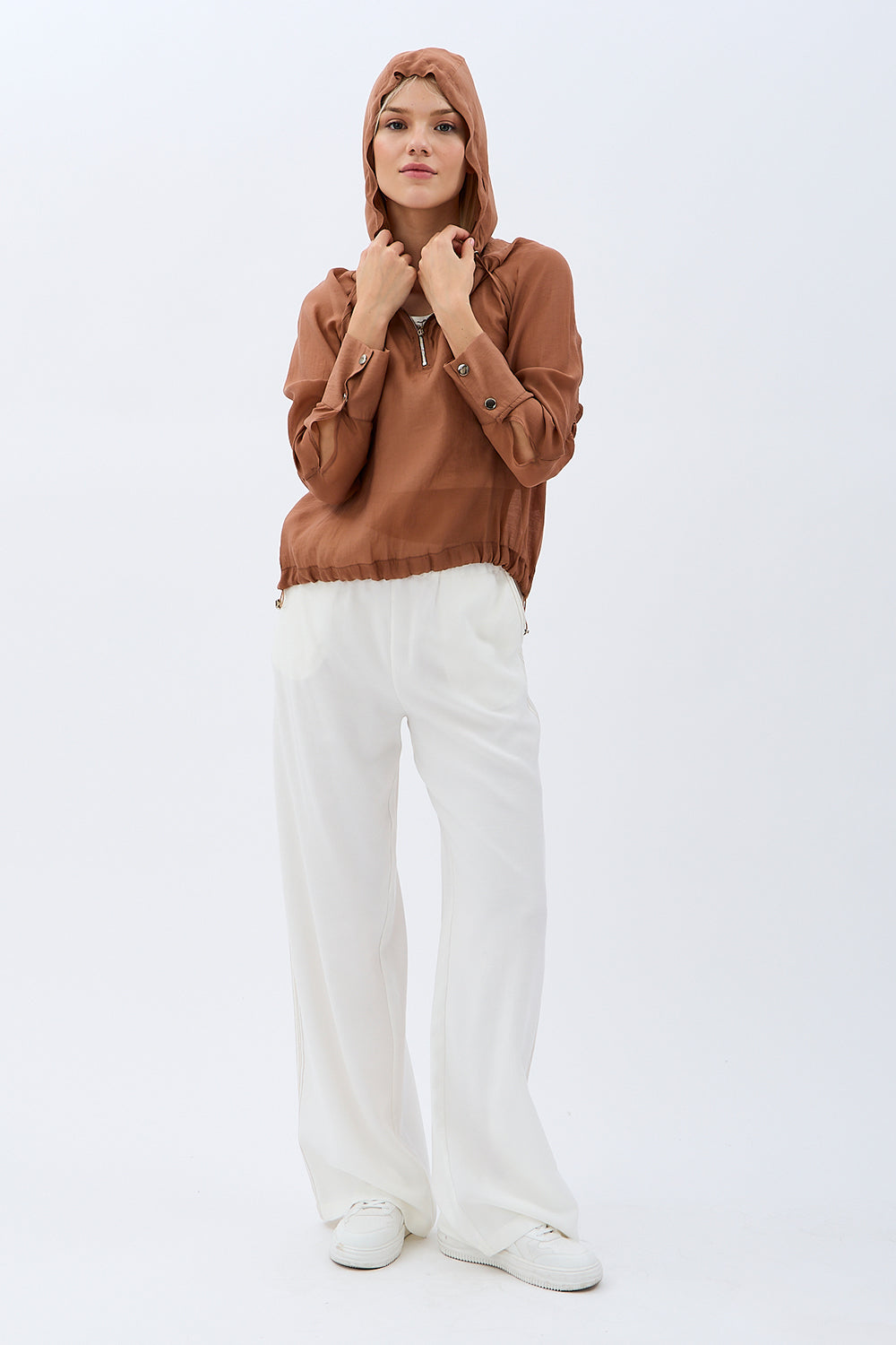 Diagonal-Keten Kapüşonlu Bluz (Kahverengi)-BLUZ-9-Milagron.com