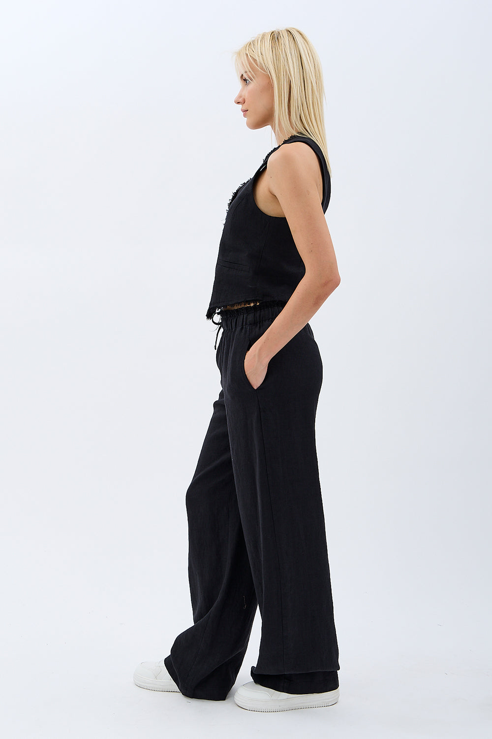 Diagonal-Keten Pantolon (Siyah)-PANTOLON-3-Milagron.com