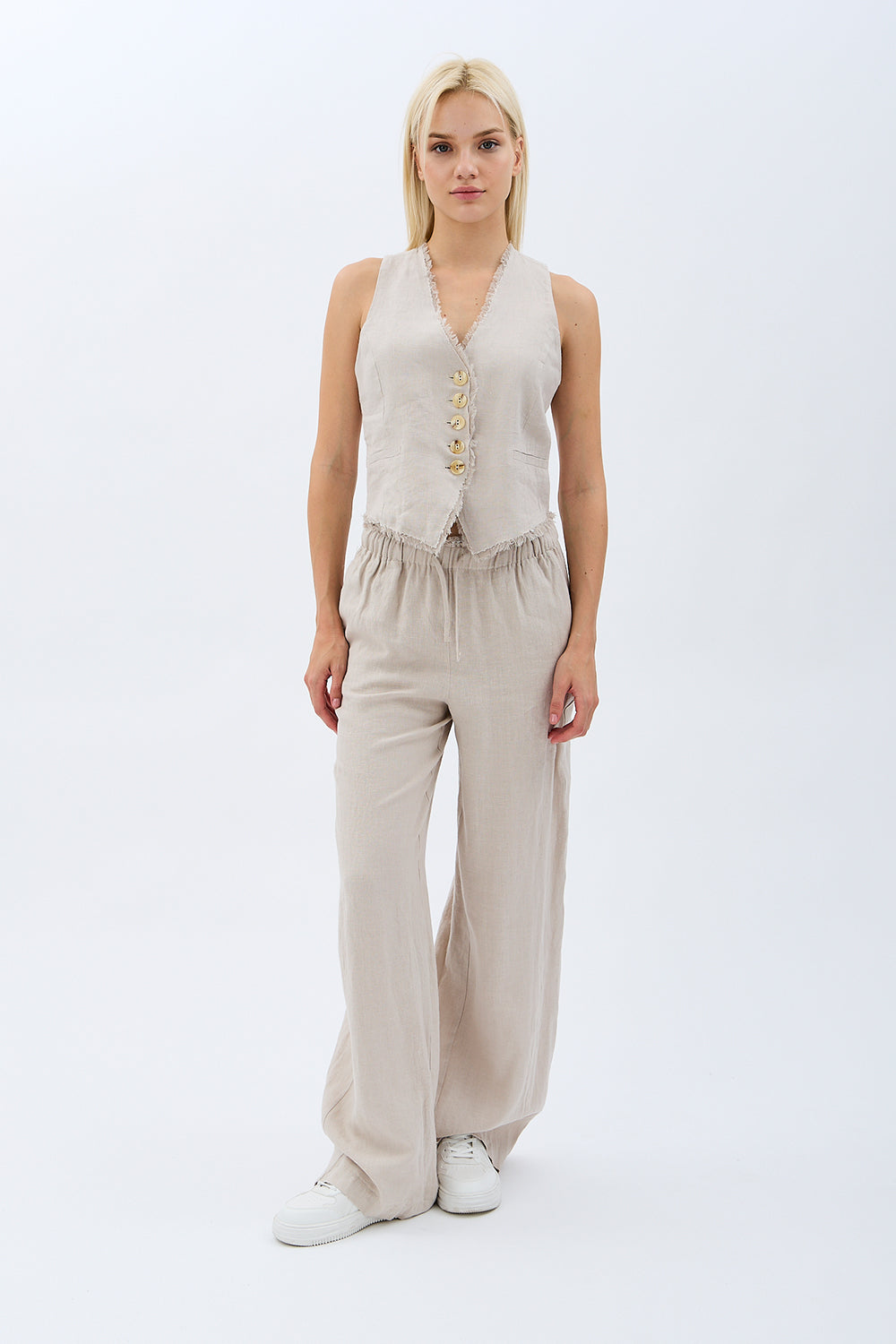 Diagonal-Keten Pantolon (Krem)-PANTOLON-6-Milagron.com