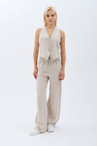 Diagonal-Keten Pantolon (Krem)-PANTOLON-6-Milagron.com