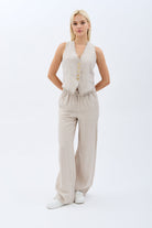 Diagonal-Keten Pantolon (Krem)-PANTOLON-7-Milagron.com