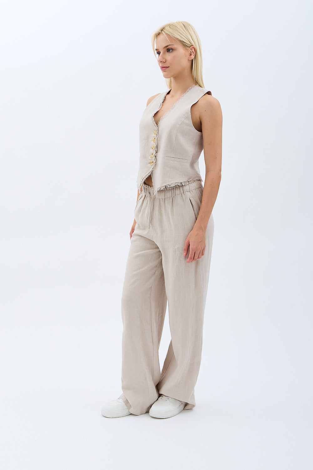 Diagonal-Keten Pantolon (Krem)-PANTOLON-8-Milagron.com