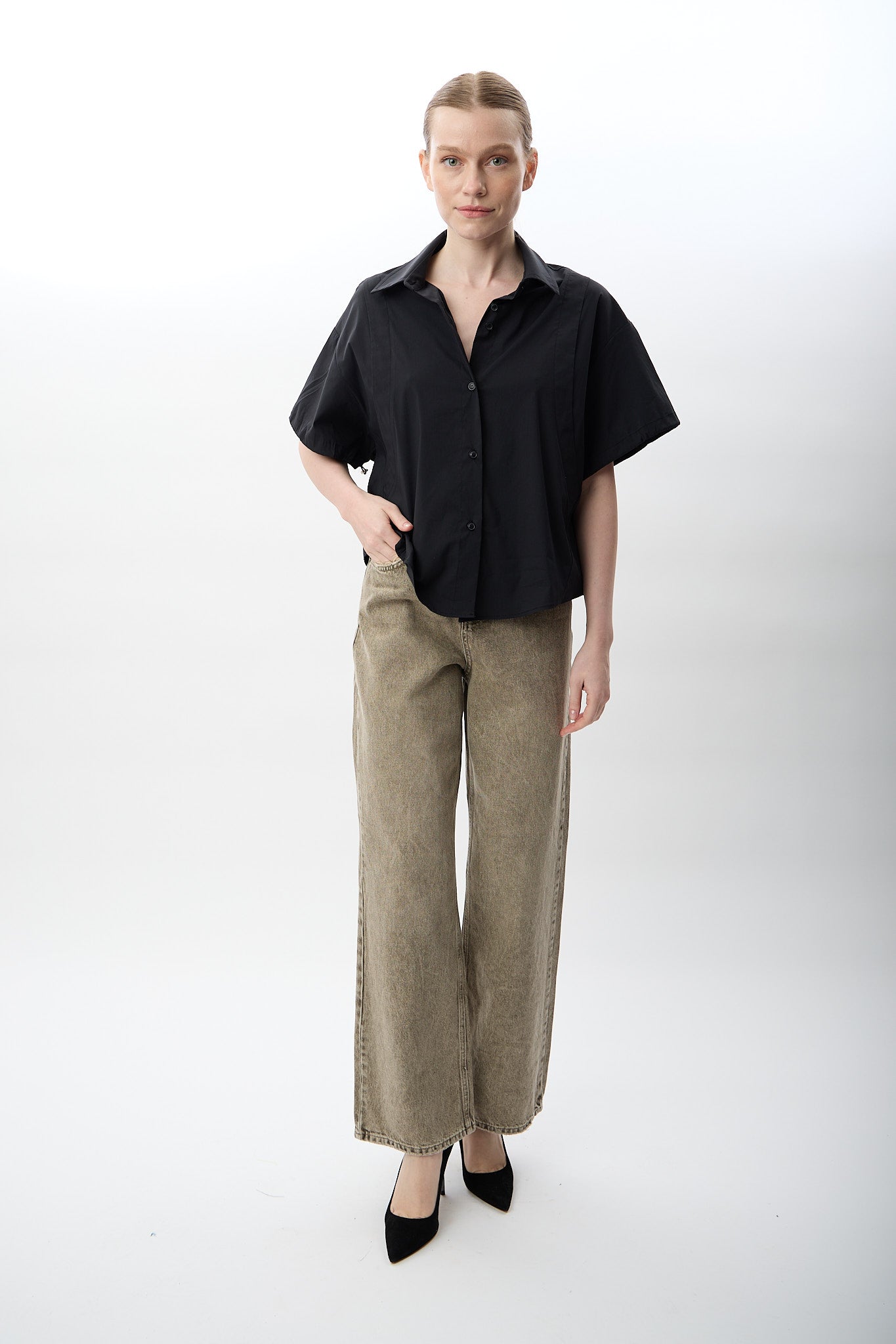 Diagonal-Kısa Kollu Crop Gömlek-Gömlek-3-Milagron.com