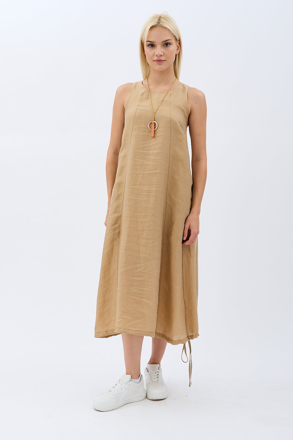 Diagonal-Kolyeli Salaş Elbise (Krem)-ELBİSE-1-Milagron.com