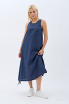 Diagonal-Kolyeli Salaş Elbise (Lacivert)-ELBİSE-11-Milagron.com