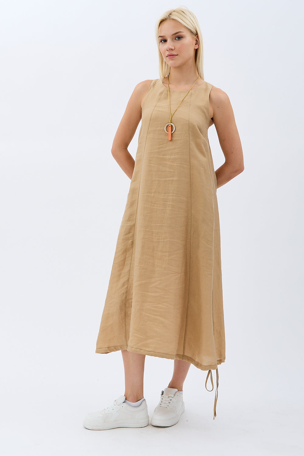 Diagonal-Kolyeli Salaş Elbise (Krem)-ELBİSE-2-Milagron.com