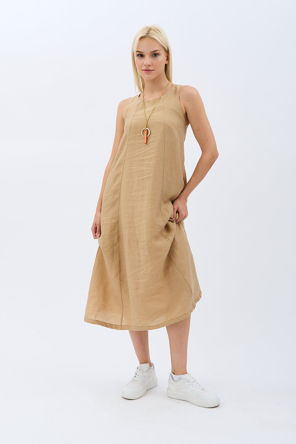 Diagonal-Kolyeli Salaş Elbise (Krem)-ELBİSE-8-Milagron.com